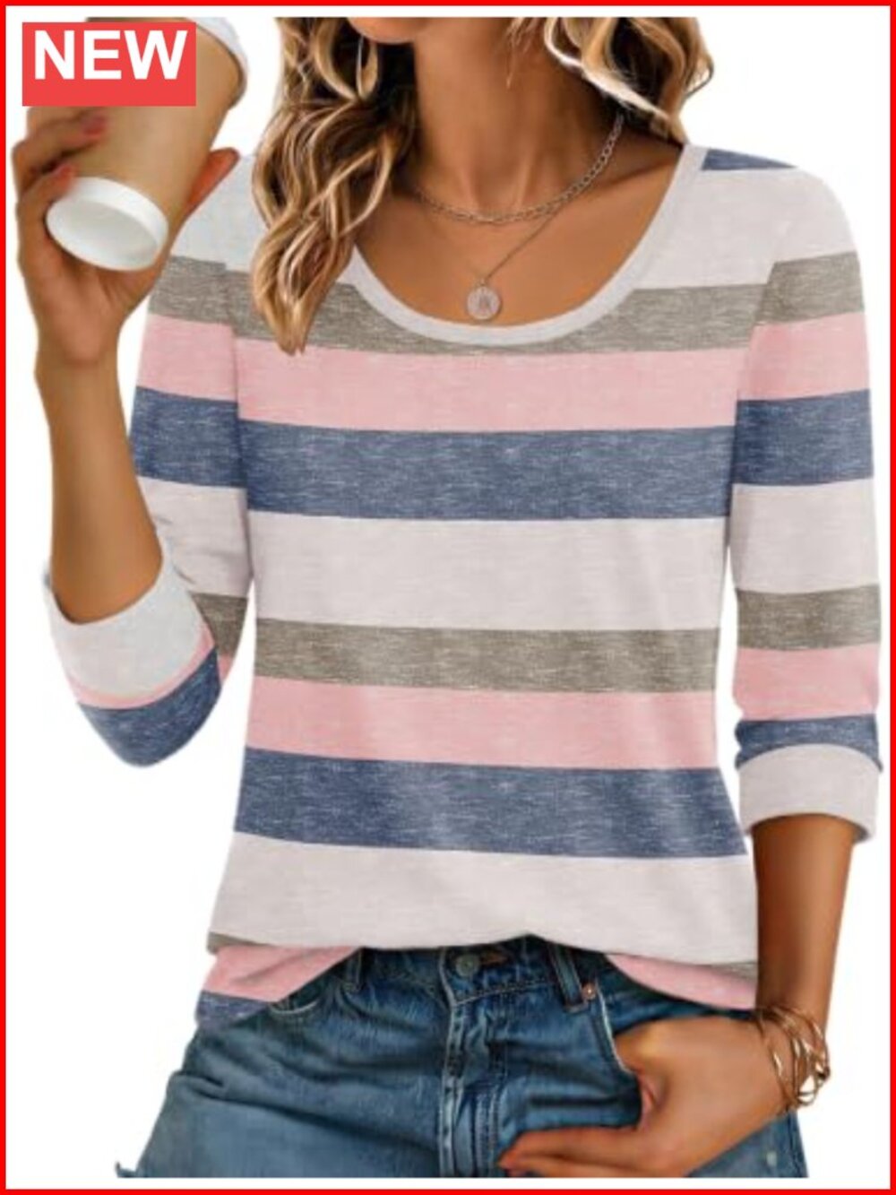 Ekouaer 3/4 Sleeve Scoop Neck T-Shirt Casual Basic Tee